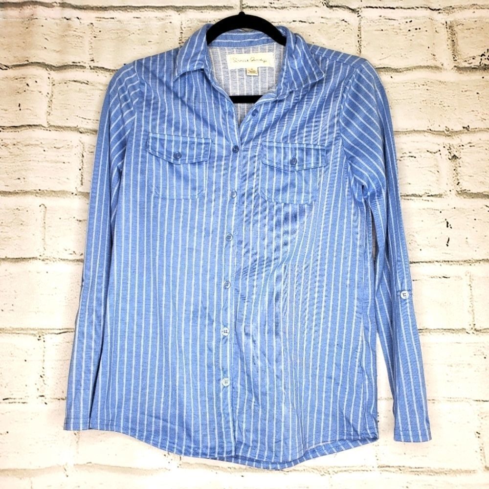 French laundry blue pin stripe long sleeve shirt small coastal grandma